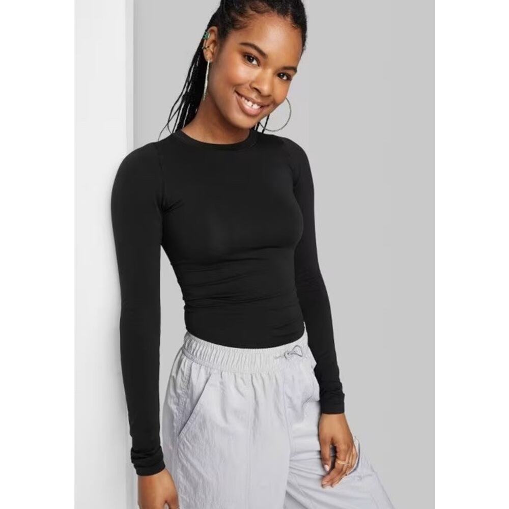 Wild Fable Black Knit Slim Fit Crew Neck Long Sleeve T-Shirt Women's XXS